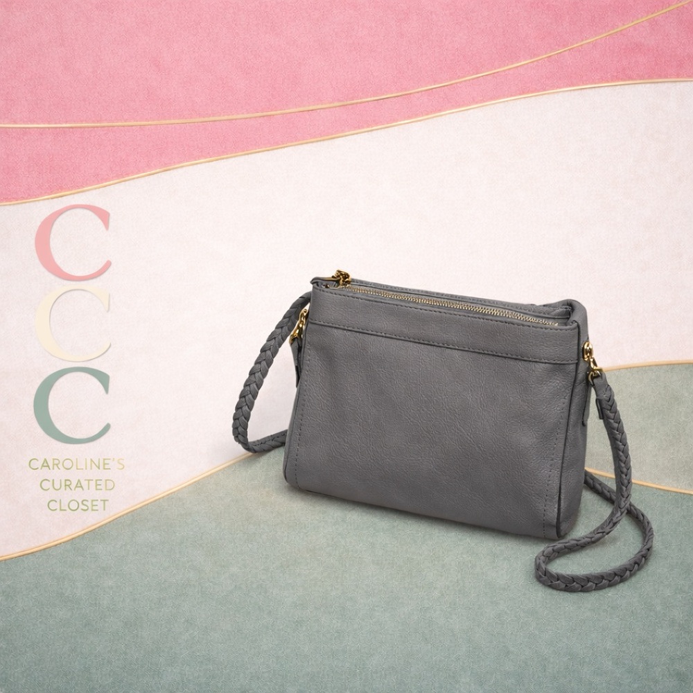 Fossil Grey Leather Crossbody Bag | Braided Strap | Everyday Classic